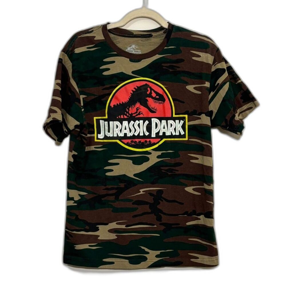 Jurassic Park Camo Logo Graphic Tee Classic T-Rex Short Sleeve Unisex Size M